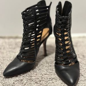 Nine West. Black strappy heel booties. Size 5.